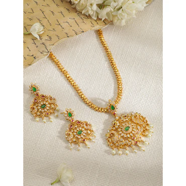 Rubans Women Gold-Plated Emerald Green & Cubic Zirconia Stone Studded Temple Jewellery Set - Image 2