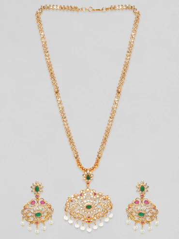 Rubans Women Gold-Plated Emerald Green & Cubic Zirconia Stone Studded Temple Jewellery Set - Image 4