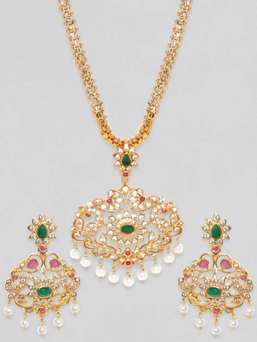 Rubans Women Gold-Plated Emerald Green & Cubic Zirconia Stone Studded Temple Jewellery Set - Image 3