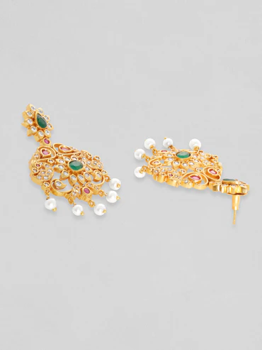 Rubans Women Gold-Plated Emerald Green & Cubic Zirconia Stone Studded Temple Jewellery Set - Image 5