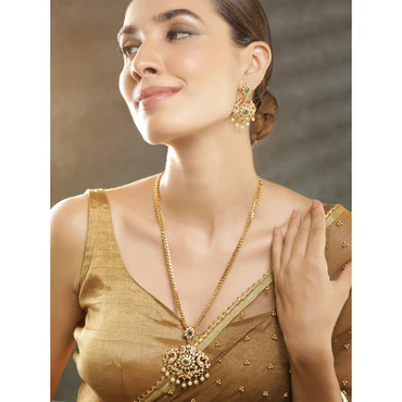 Rubans Women Gold-Plated Emerald Green & Cubic Zirconia Stone Studded Temple Jewellery Set